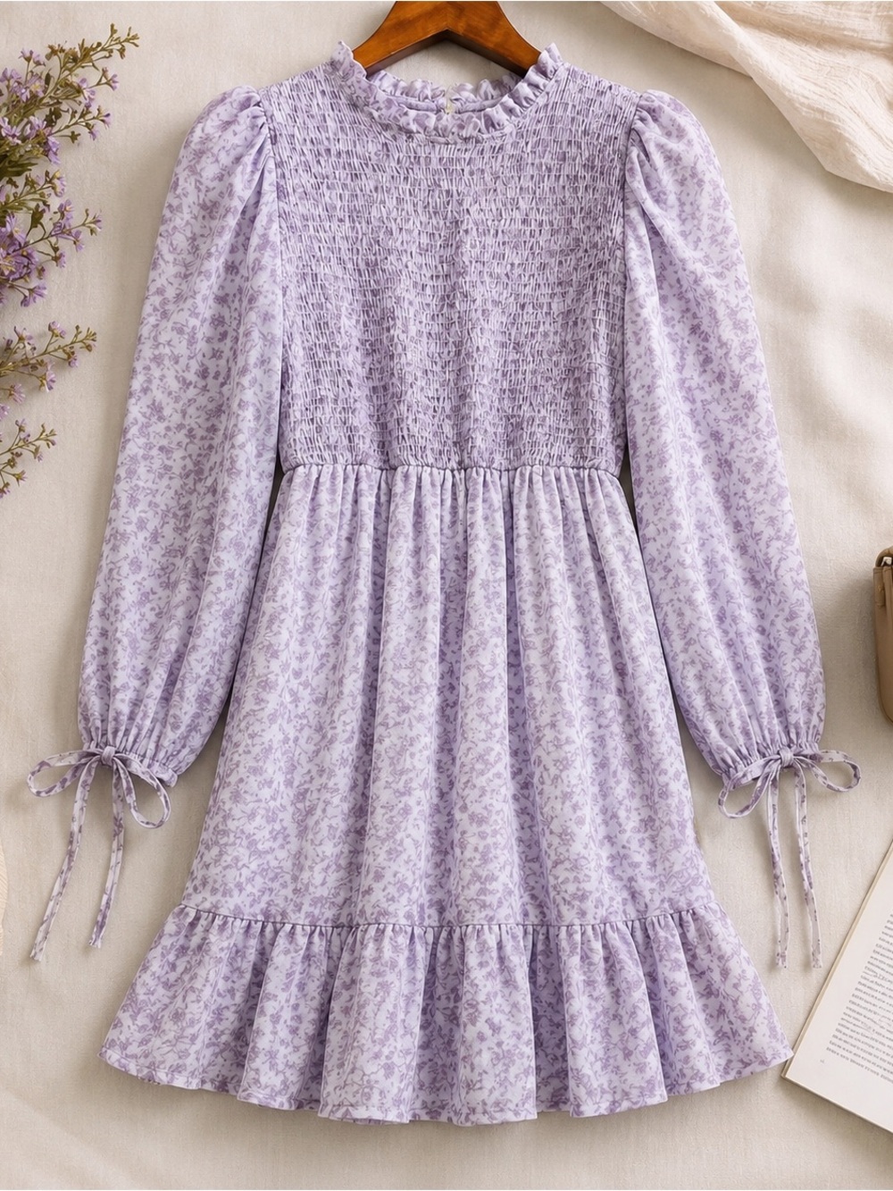 Vintage Cottagecore Lavender Floral Smocked Mini Dress Prairie Romantic Small - Picture 2 of 14